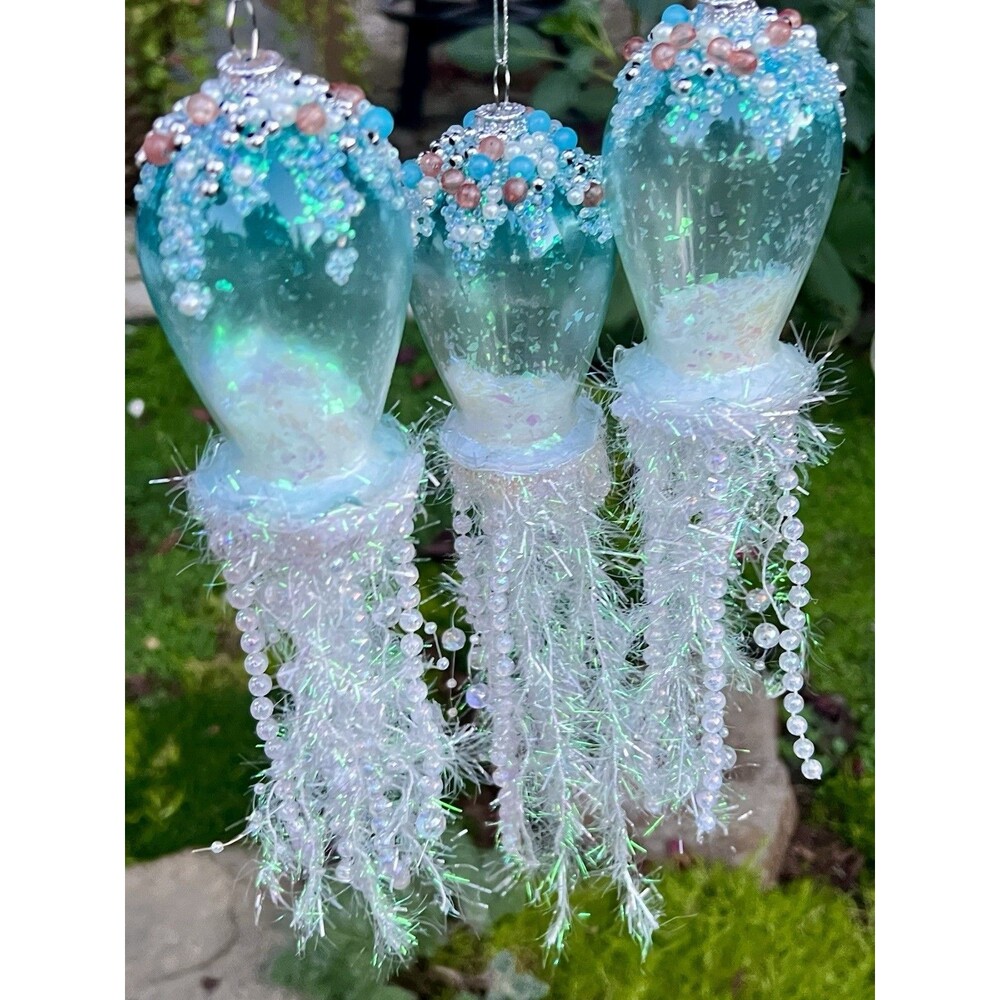 Set Of 3 Robert Stanley Blue Glass Ocean Christmas Ornaments  11.25”s Coastal